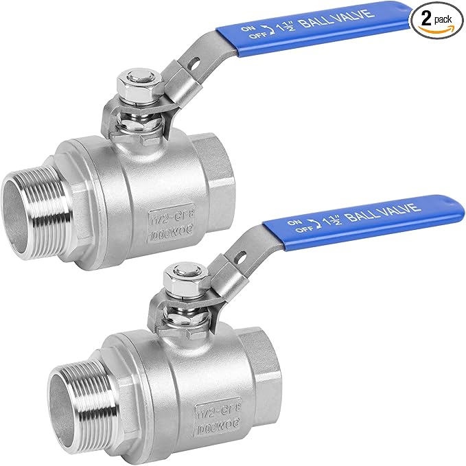 YADIAN 2 Pack 1-1/2'' Ball Valve Full Port NPT Male x Female, 304 Stainless Steel Heavy Duty Shut Off Valve with Blue Vinyl Insulation Handle and Locking Device for Water, Oil, and Gas, 1000WOG