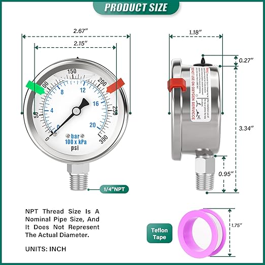 0-300PSI Stainless Steel Liquid Filled Pressure Gauge, 2.5" Dial Size, 1/4" NPT 316 Stainless Steel Joint, Lower Mount, for Tube, Water Pump, Gas, Liquid (with Range Mark Pointer)