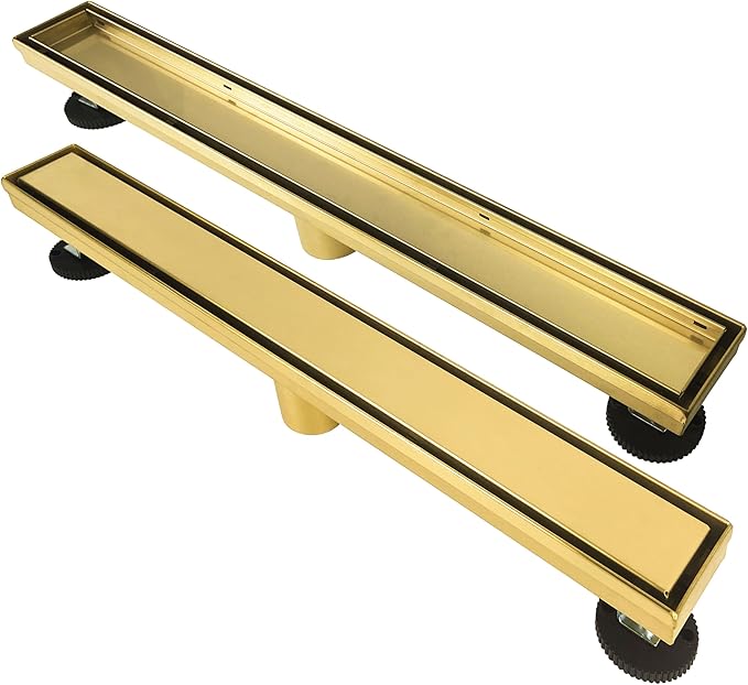24 Inch Linear Shower Drain Gold Floor Drain with Removable SUS304 Stainless Steel CUPC Certificate and 2-in-1 Tile Insert Grate Cover