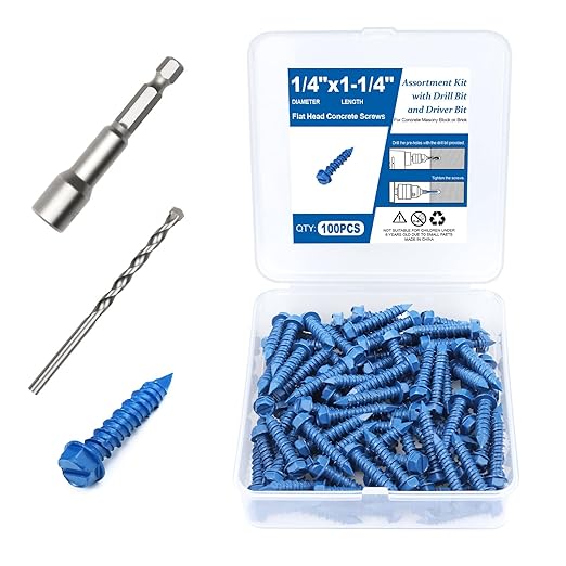 100PCS Concrete Screws Assortment Kit, 1/4" x1-1/4 Masonry Screws with Drill Bit and Driver Bit, Hex Head Cement Screws and Anchor, Diamond Point, Self Tapping Concrete Brick or Stucco, Blue Coated
