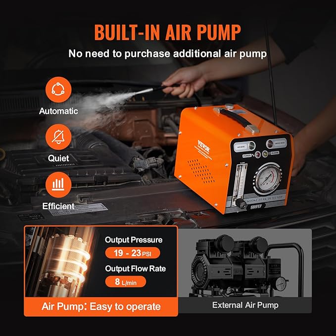 VEVOR Automotive Smoke Machine Leak Detector, EVAP Smoke Machine Leak Tester with Built-in Air Pump, Pressure Gauge & Flow Meter, Dual-Mode Diagnostic Leak Detector for Vacuum, Fuel, Pipeline Testing