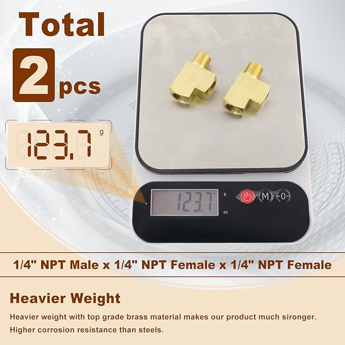 2pcs 1/4" Brass Tee Fittings 1/4" NPT Female Pipe to 1/4" NPT Male to 1/4" NPT Female Brass Barstock Street Tee Pipe Fittings 3 Way for Joining Pipe