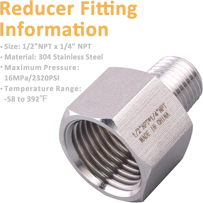Forged Reducer Adapter Fitting - Stainless Steel 304 Reducing Pipe Connector, 1/2" NPT Female x 1/4" NPT Male (pack of 5)