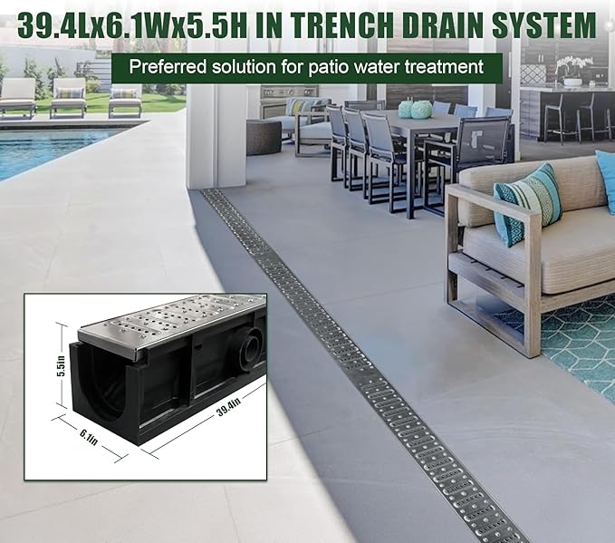 Channel Drain with 304 Stainless Steel Grate-39.4Lx6.1Wx5.5H in. Deep Profile Trench Drain System for Landscaping,3 Pack Total Length 118.2in,A15 Drainage System for Patio Commercial