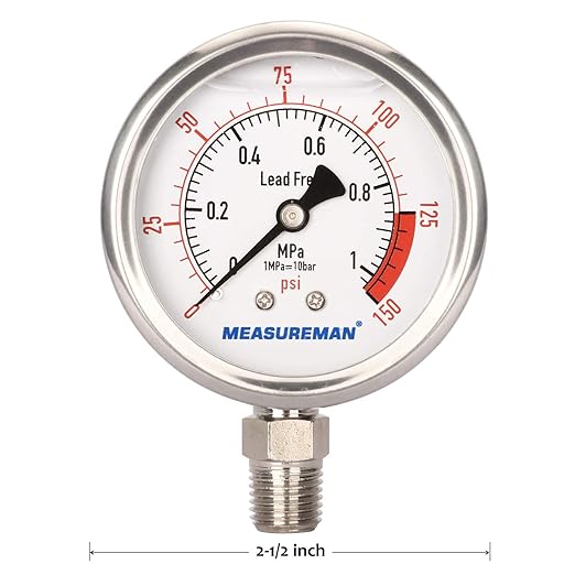 MEASUREMAN Lead-Free Glycerin Filled Reverse Osmosis Pressure Gauge, 2-1/2" Dial Size, 1/4" NPT Lower Mount, 0-150psi/Mpa