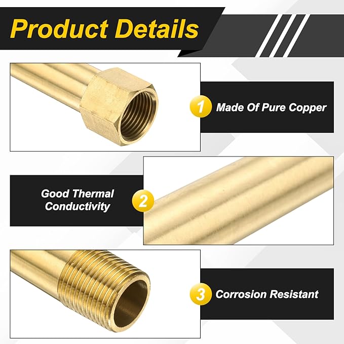 PATIKIL 3/8" g Male x 3/8" g Female Brass Pipe Fitting, Nipple Brass Fitting Extension Pipe Fittings Adapter Connection with Tape 2 Inch / 50mm Length