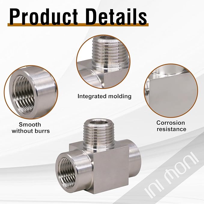 1/8 NPT tee pipe female × male × female thread 3 ways T pipe adapter, stainless steel forged tee connector, high pressure t shaped fitting for temp/oil pressure gauge, 4350 psi