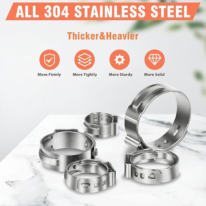 120pcs 3/8 inch PEX Cinch Clamps Rings, 304 Stainless Steel Single Ear Hose Clamps, Pex Crimp Rings for PEX Tubing Pipe Fitting Connections
