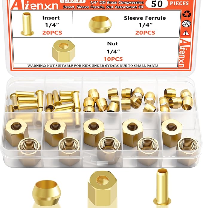 50PCS 1/4" Brass Compression Fittings Assortment kit, Insert, Sleeve Ferrule, Nut for Connecting air, Fuel, Water, Oil and inert Gases Lines