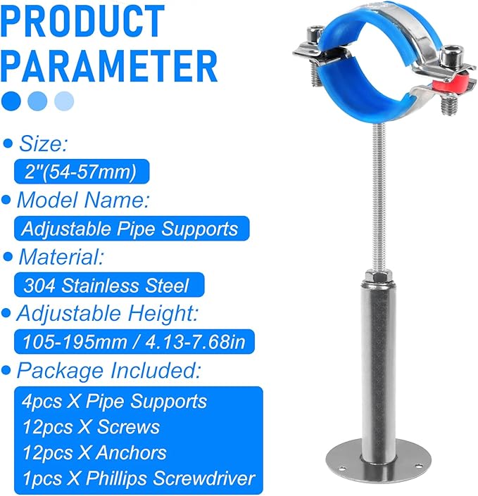 Kodilin 4PCS 304 Stainless Steel Wall Mount Ceiling Mount Pipe Supports,Suitable for OD Pipe 2''(54-57mm),Adjustable Height 100-200mm,Adjustable Pipe Strap Clamp with Screws