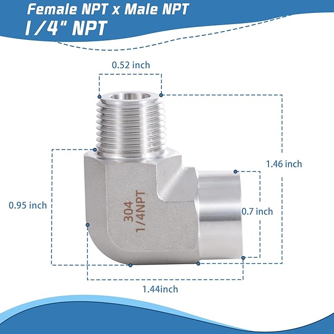 Stainless Steel Pipe Fitting,90 Degree Barstock Street Elbow, 1/4" NPT Male x 1/4" NPT Female (Pack of 2)