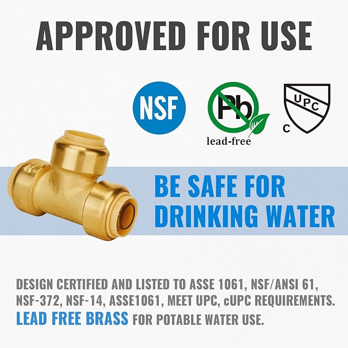 SUNGATOR 6-Pack Tee Plumbing Pipe Connector, 3/4-Inch Push Fit PEX Tee, No Lead Brass T Fittings with Disconnect Clip, Push-to-Connect, Copper, CPVC