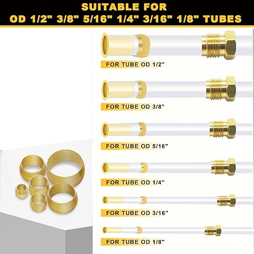 Siptenk 228PCS Brass Compression Sleeves Ferrules for Tube OD 1/2" 3/8" 5/16" 1/4" 3/16" 1/8", 6 Sizes Hose Compression Fitting Brass Ferrule Kit for DOT Air Brake Lines
