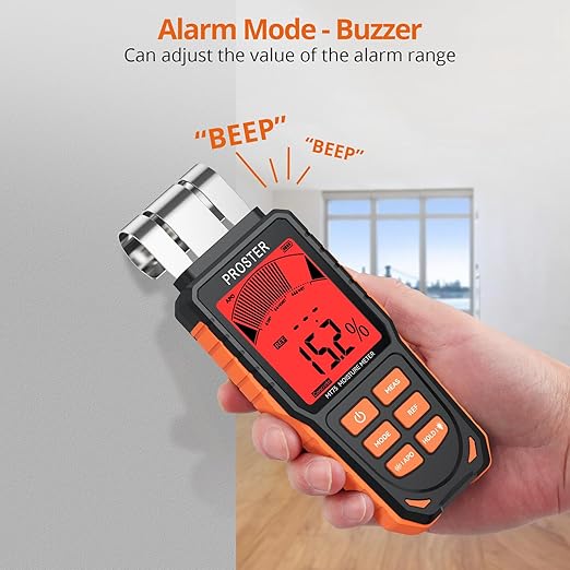 Proster Rechargeable Moisture Meter - Wall Moisture Meter with 5 Modes (Index, Concrete, Cement, Plaster, Wood) & 3-Colour Screen, Pinless Damp Tester with Visual & Sound Alerts Detects up to 40mm