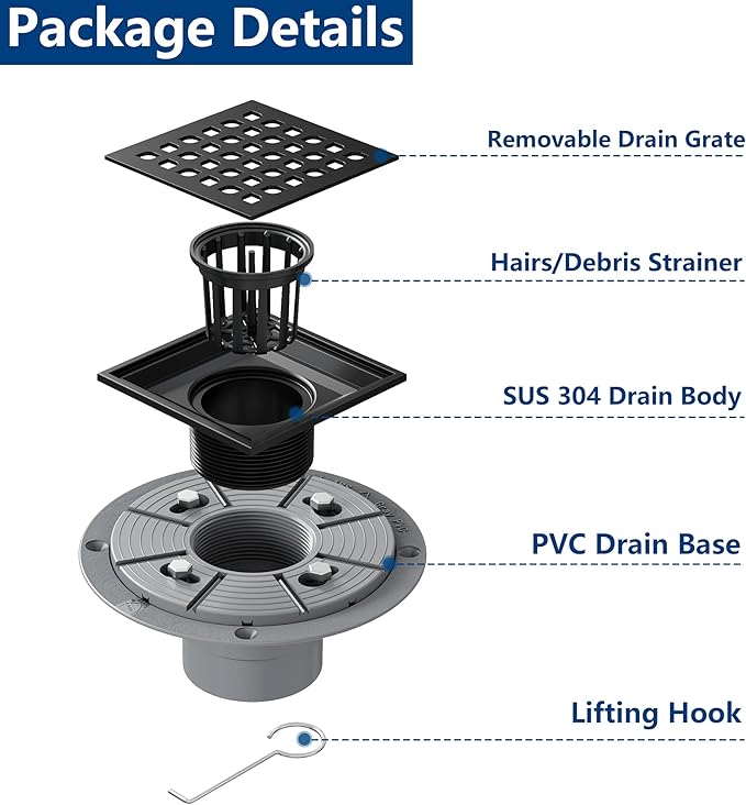 Neodrain Square Shower Drain,4 inch Black Stainless Steel 304 Grate and PVC Drain Body, Grate with Kit Includes Hair Trap/Strainer,Lifting Hook and PVC Drain Base