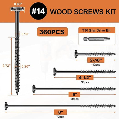 #14 Heavy-Duty Wood Screws Assortment Kit, 360Pcs Star Drive Decking Wood Screws, Rust Resistant Timber Screws for Log/Landscaping Wood (2-7/8",4-1/2",6",8")
