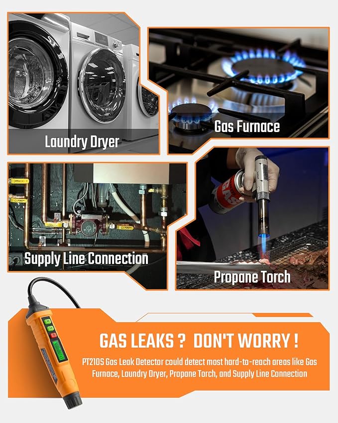 TopTes PT210S Gas Leak Detector, Natural Gas Detector with 4-inch Probe, Propane Leak Detector Locating Combustible Gases Like Natural Gas, Methane for Home, Measures%LEL (Incl. Batteries) - Orange