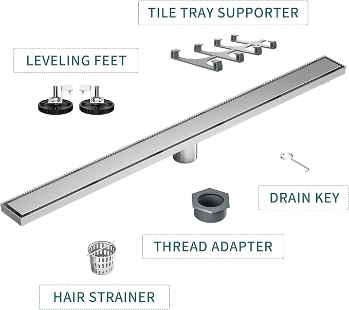 Linear Shower Drain 36", Brushed Floor Drain with Tiled Insert Grate & Hair Strainer, 304 Stainless Steel Bathroom 2-in-1 Tiled in Drain, CUPC Certified (Brushed, 36'')