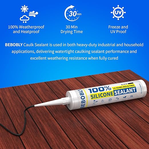 Black Silicone Caulk & Sealant, 100% Waterproof Silicone Caulking, Silicone Sealant Caulking for Kitchen, Bathroom, RV, Interior & Exterior Use, Shrink & Crack Proof, 10.2 FL. OZ/300ML, 4 Pack