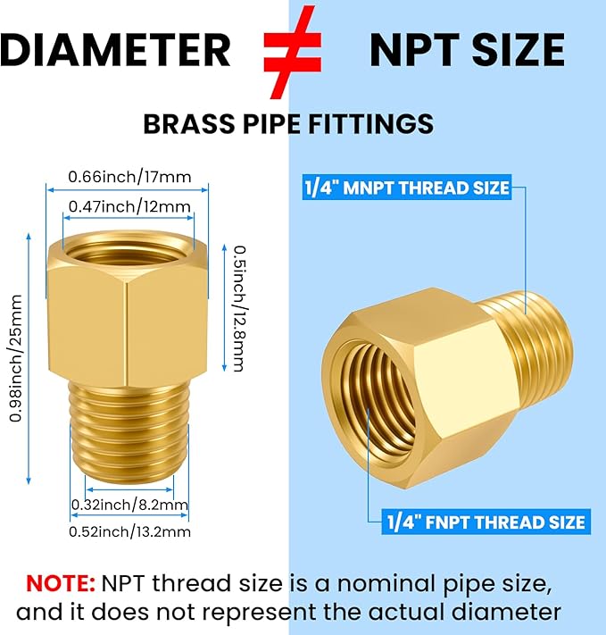 SDTC Tech 2-Pack Brass Pipe Fitting 1/4 NPT Thread Male to 1/4 NPT Thread Female Reducer Adapter, Brass Pipe Extension Connectors