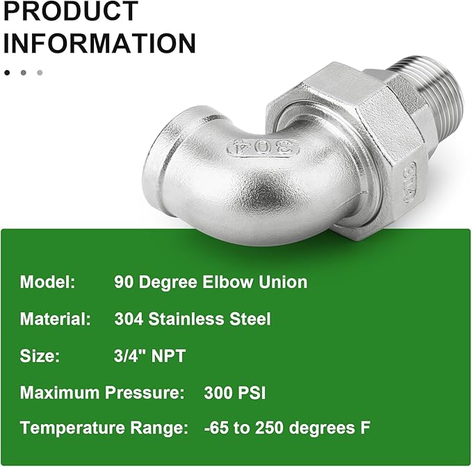 TAISHER 1PCS 304 Stainless Steel 90 Degree Elbow Union，3/4" NPT Female x 3/4" NPT Male Cast Pipe Fitting