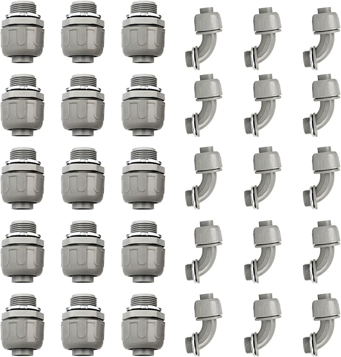 Conduit Connectors, 3/4 Inch Liquid Tight Connector NPT Non-Metallic for PVC Electrical Flexible Conduit Fittings, 15 Straight and 15 Angle 90 Degree, UL Listed, Grey (30-Pack)