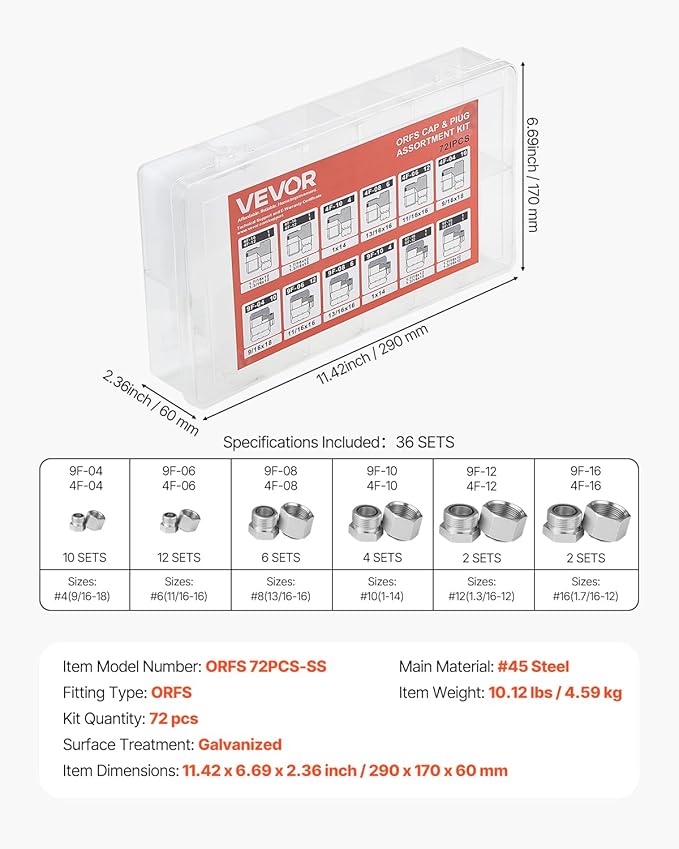 VEVOR 72 PCS ORFS Hydraulic Fittings, O Ring Face Seal Fitting Kit, Hydraulic Hose Tube and Pipe Fittings, Cap and Plug Set for Hydraulics, O Ring Assortment Kit Precision Thread, Sizes 4 6 8 10 12 16