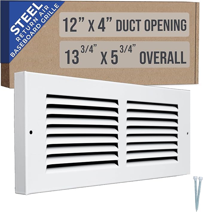 Fits 12x4 Duct Opening | Steel Baseboard Return Air Grille by Handua | Vent Cover Grill | 7/8" Margin Turnback [Depth] to Fit Baseboard | White | Outer Dimensions: 13.75"W X 5.75 "H