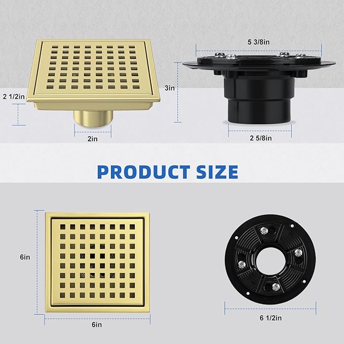 morefine Gold Shower Drain 6 inch with Flange, Square Shower Drain with Removable Grate Cover, SUS 304 Stainless Steel, Brushed Gold