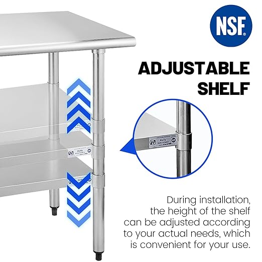 Hally Stainless Steel Table for Prep & Work 18 x 60 Inches, NSF Commercial Heavy Duty Table with Undershelf and Galvanized Legs for Restaurant, Home and Hotel