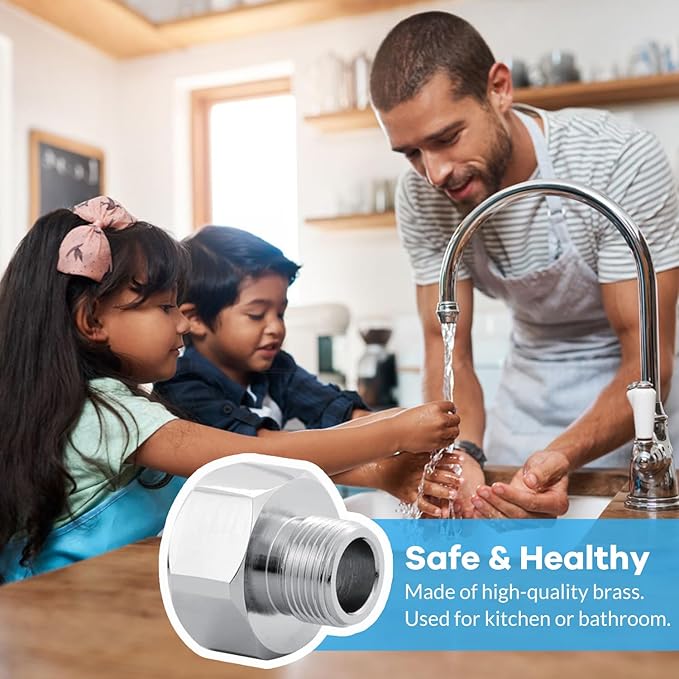 1/2 to 3/8 Water Line Adapter, G1/2" Female to 3/8" Male Compression Pipe Fitting, Brass Water Hose Adapter for RV Kitchen & Bathroom Plumbing, Includes Rubber Washer - 2 Pack