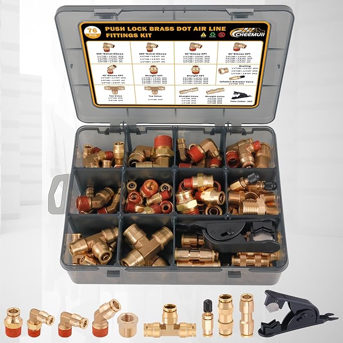 CheeMuii 76 Pcs Brass DOT Air Line Fittings Kit Push Lock Air Fittings Push to Connect Fittings NPT Thread & Quick Connect Air Hose Fittings for DOT Air Line Air Hose Pneumatic Tubing