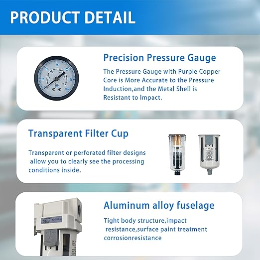 XingNEeng 3/8" NPT Compressed Air Filter Regulator Lubricator (FRL) Unit, Double Water/Oil Trap Separator, Gauge(0-150 psi), Semi-Auto Drain Air Compressor Water Separator, Poly Bowl, Metal Bracket