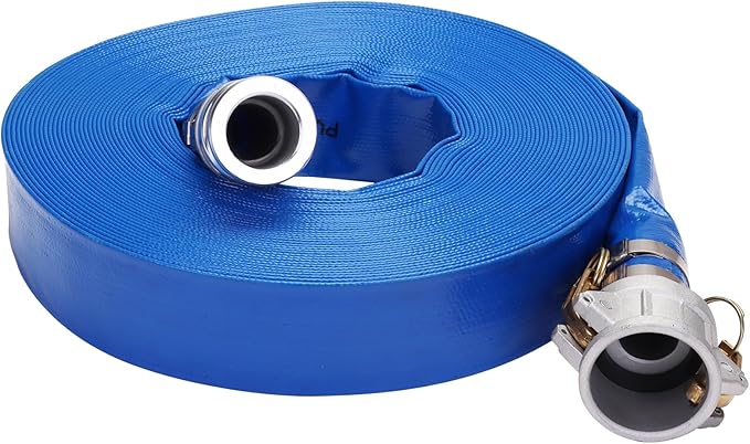 Lay-Flat Pool Backwash Hose - 1.5" x 100Ft with Aluminum Camlock C & E Fittings Reinforced Heavy Duty PVC Discharge Hose Weather-Proof Vinyl Pool Drain Hose for Water Transfer