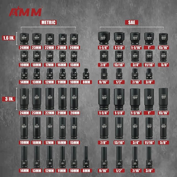 AMM 1/2-inch 66 Pieces Impact Socket Master Set, SAE & Metric from 5/16"-1-1/4",8-24mm, Shallow/Deep Socket Set with Ratched Hand, Extension Bar and Adapters，Cr-V steel