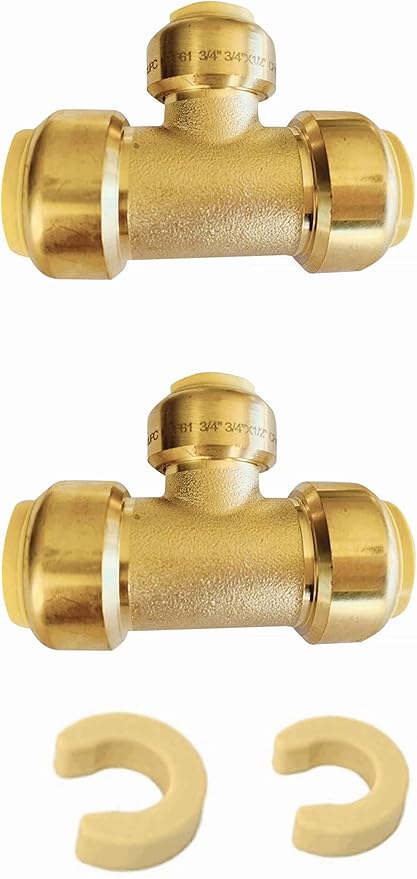 (Pack of 2) EFIELD 3/4"x 3/4" x1/2" Tee Push-Fit Fitting to Connect Pex, Copper, CPVC With 2 Sizes Disconnect Clip, cUPC Certified,(PF127-2PCS)