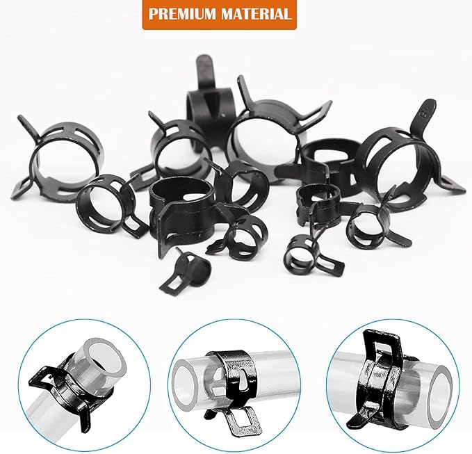 AKIHISA 350 Pcs 6-19mm Spring Hose Clamp, Spring steel 65Mn Fuel Hose Clamp, 14 sizes for Silicone Vacuum Fuel Oil Hose Line Clamps