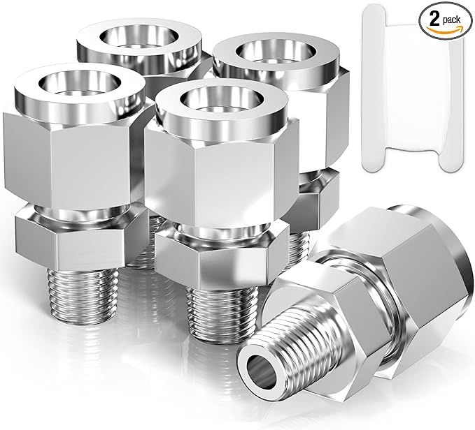 TAISHER 2PCS 304 Stainless Steel Compression Tube Pipe Fitting Connector, 1/2" Tube OD x 1/4" NPT Male Straight Adapter