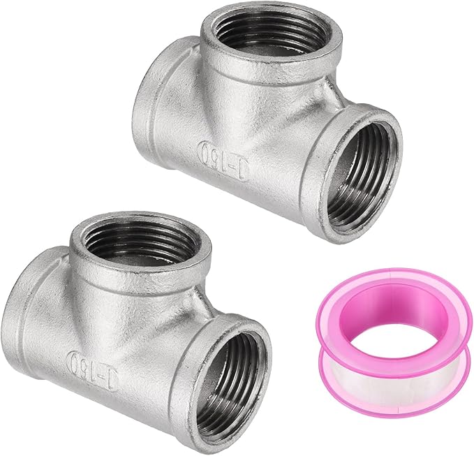 uxcell 304 Stainless Steel Tee Pipe Fittings G1" Female Tee Adapter 3 Way t Shaped Cast Pipe Fitting Connector with Seal Tape for Plumbing Drainage Pipes Heating Systems