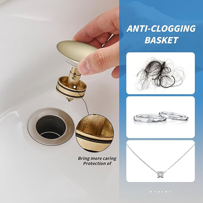 BWE Brushed Gold Bathroom Vessel Sink Drain Stopper with Overflow One Piece Pop Up Drain Assembly with Strainer for Bathroom Faucet Sink
