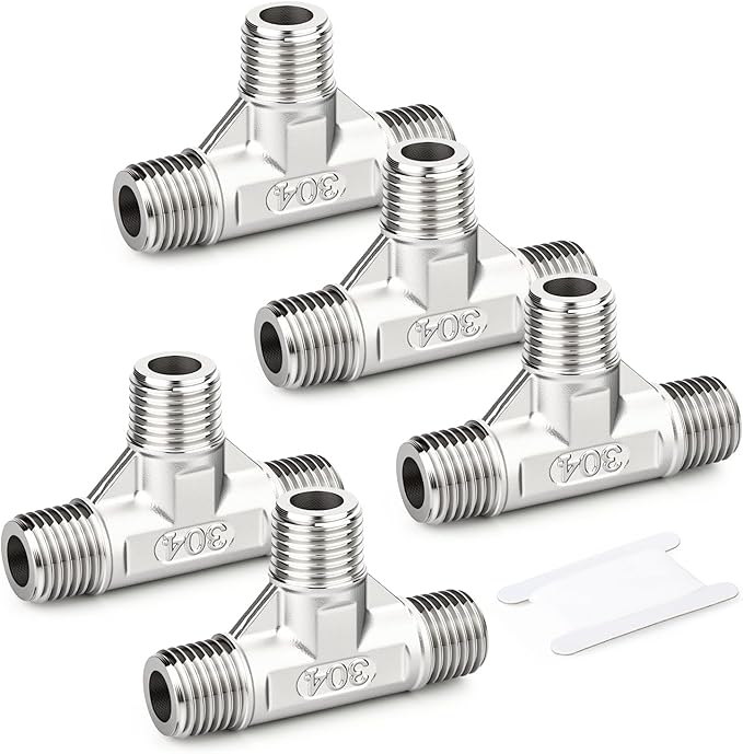 TAISHER 5PCS 304 Stainless Steel Tee Pipe Fittings, 1/4" x 1/4" x 1/4" NPT Male Pipe Fittings