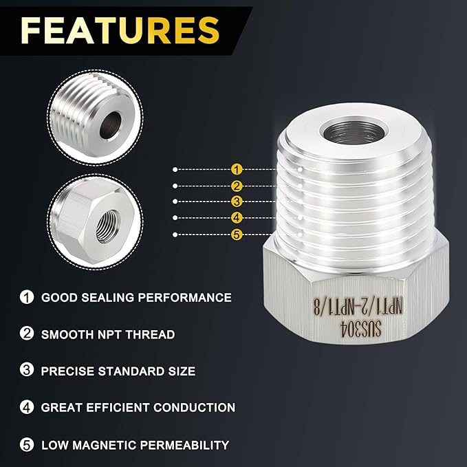 METALLIXITY 5PCS 1/2" Male NPT x 1/8" FeMale NPT Thread 304 Stainless Steel Hex Bushing Extension Tube Adapters Convert for Water Tub Spout/Shower
