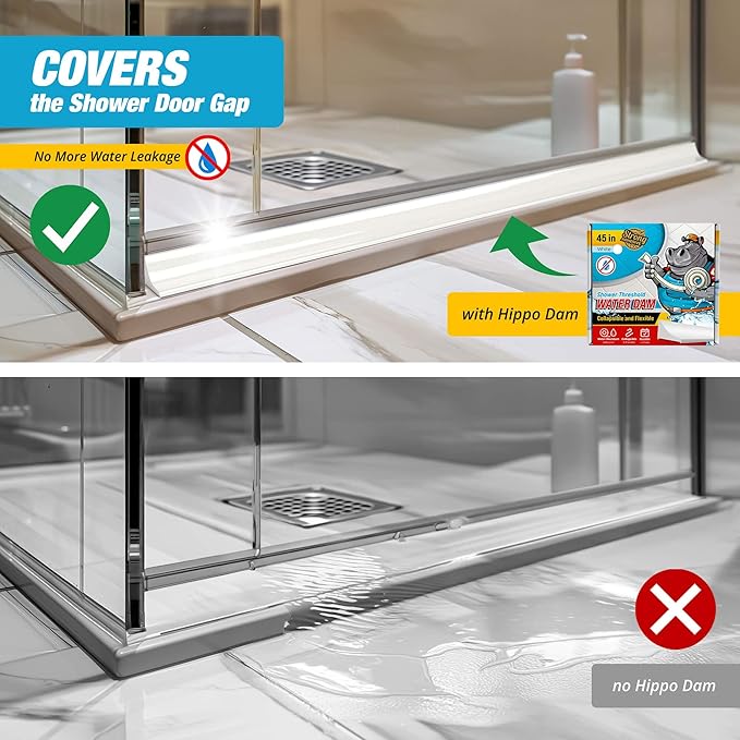 Shower Threshold Water Dam Barrier 45" - White Collapsible Shower Water Blocker - Guard for Walk in Shower - Water Guard Stopper for Floor - Shower Door Water Blocker by Hippo Dam