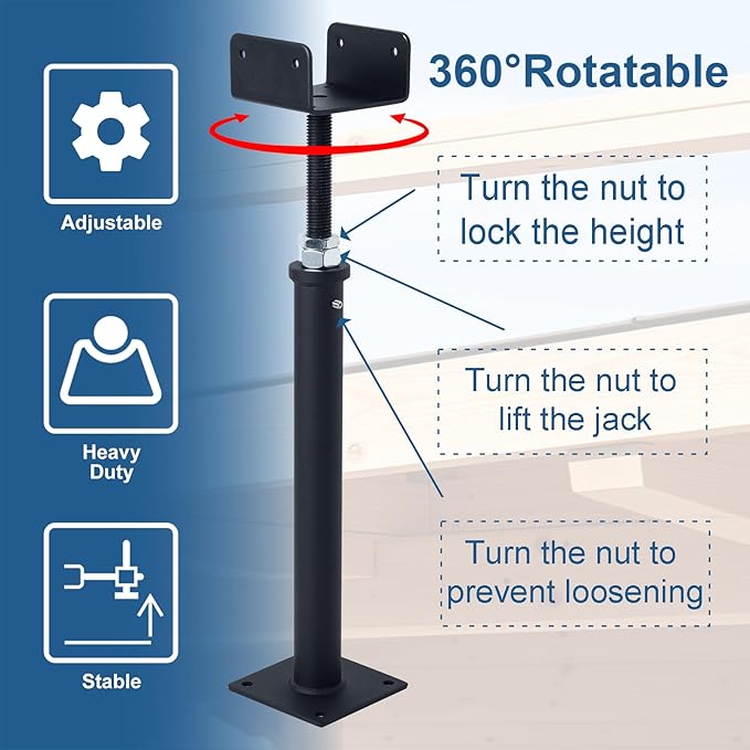 2 Pack U-Shaped Floor Jack, Heavy Duty Adjustable Steel Telepost with U-Head for 4x2, 4x4, 4x6 Joists, 15-19 Inch Adjustment Range, Screw Jack Post for Beam Support & Leveling