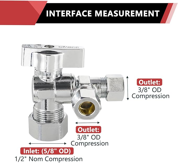 (Pack of 2) EFIELD 1/4 Turn Dual Compression Outlet Angle Stop Valve,1/2" NOM (5/8" OD) x (3/8 inch x 3/8 inch), Chrome Plated Brass Made,(VALVE206)