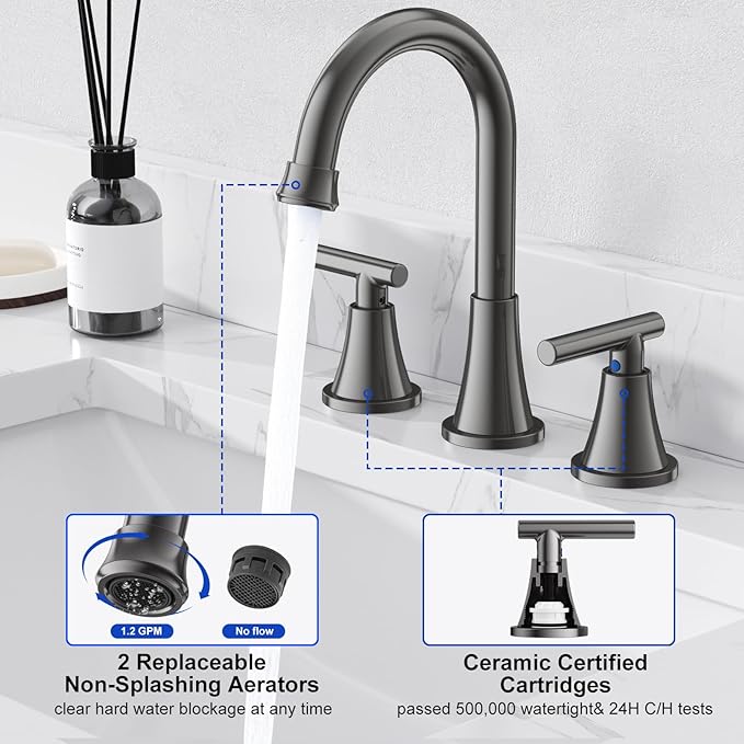 Bathroom Faucets for Sink 3 Hole, Hurran 8 inch Widespread Brushed Grey Bathroom Sink Faucet with Pop-up Drain and Supply Hose, Stainless Steel Lead-Free Faucet for Vessel Sink Vanity RV