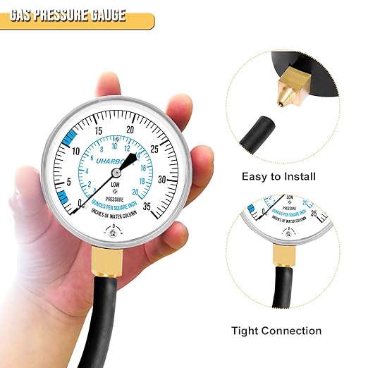 Manometer Gas Pressure Tester, Manometer LP Gas Pressure Tester Gauge 0-35" W.C, 1/8" NPT Fitting with Barbed Connection, 40" Hose