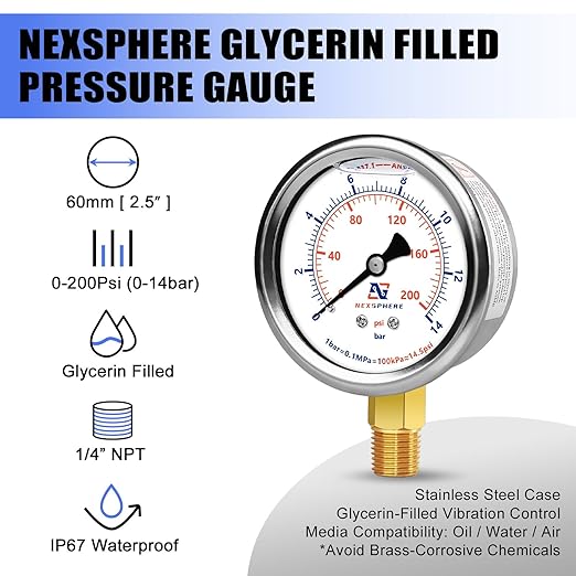 2-1/2" Liquid Filled Pressure Gauge, 0-200 PSI/0-14 Bar, 304 Stainless Steel Case, 1/4" NPT Lower Mount, Brass Connection, Manometer, IP67 Waterproof Air, Oil & Water Pressure Gauge