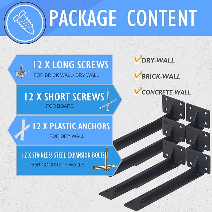 CLT Shelf Bracket( Black) , 8” Quarter Inch (1/5") Thick- Max Load: 220 lb Rustic Industrial Modern Farmhouse Heavy Duty Corner Brace Joint Right Angle Bracket for DIY Table Bench, Pack of 6