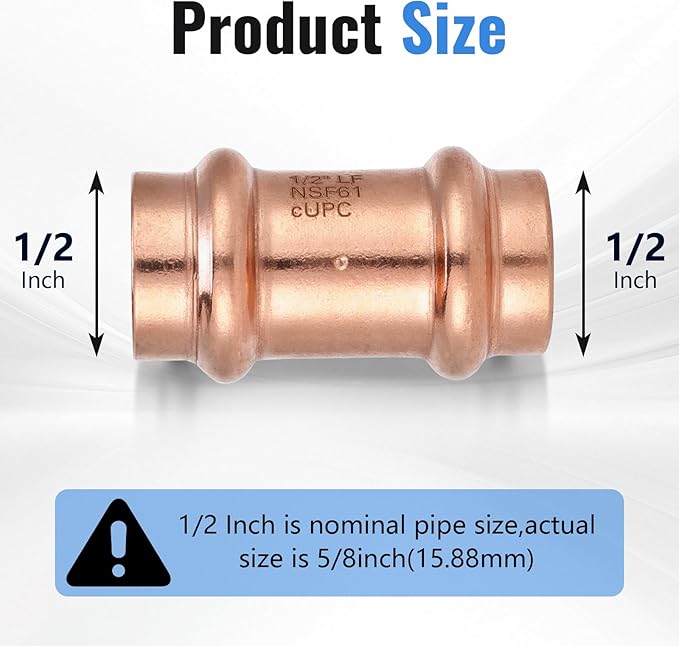 (12 Pack YVSKM) 1/2" Press Coupling with Stop, Lead-Free Fittings for 1/2 Inch Copper Pipe, Durable No-Solder Connection for Water, Heating, and Cooling Systems, Corrosion-Resistant Pipe Connector